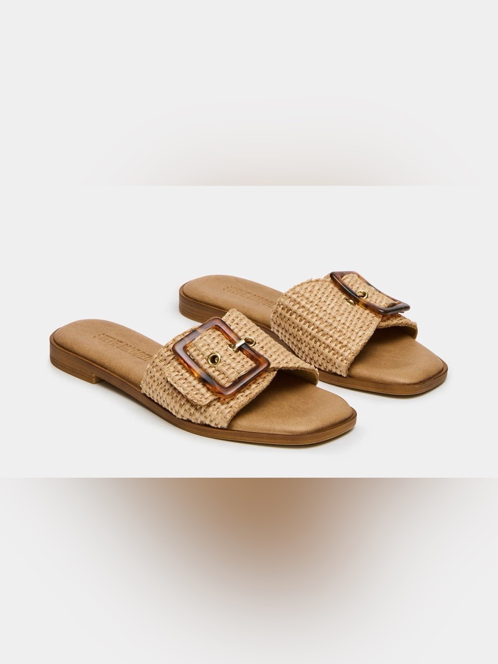 Steve Madden “Happ” Tan Woven Slide Sandals with Tortoiseshell Buckle